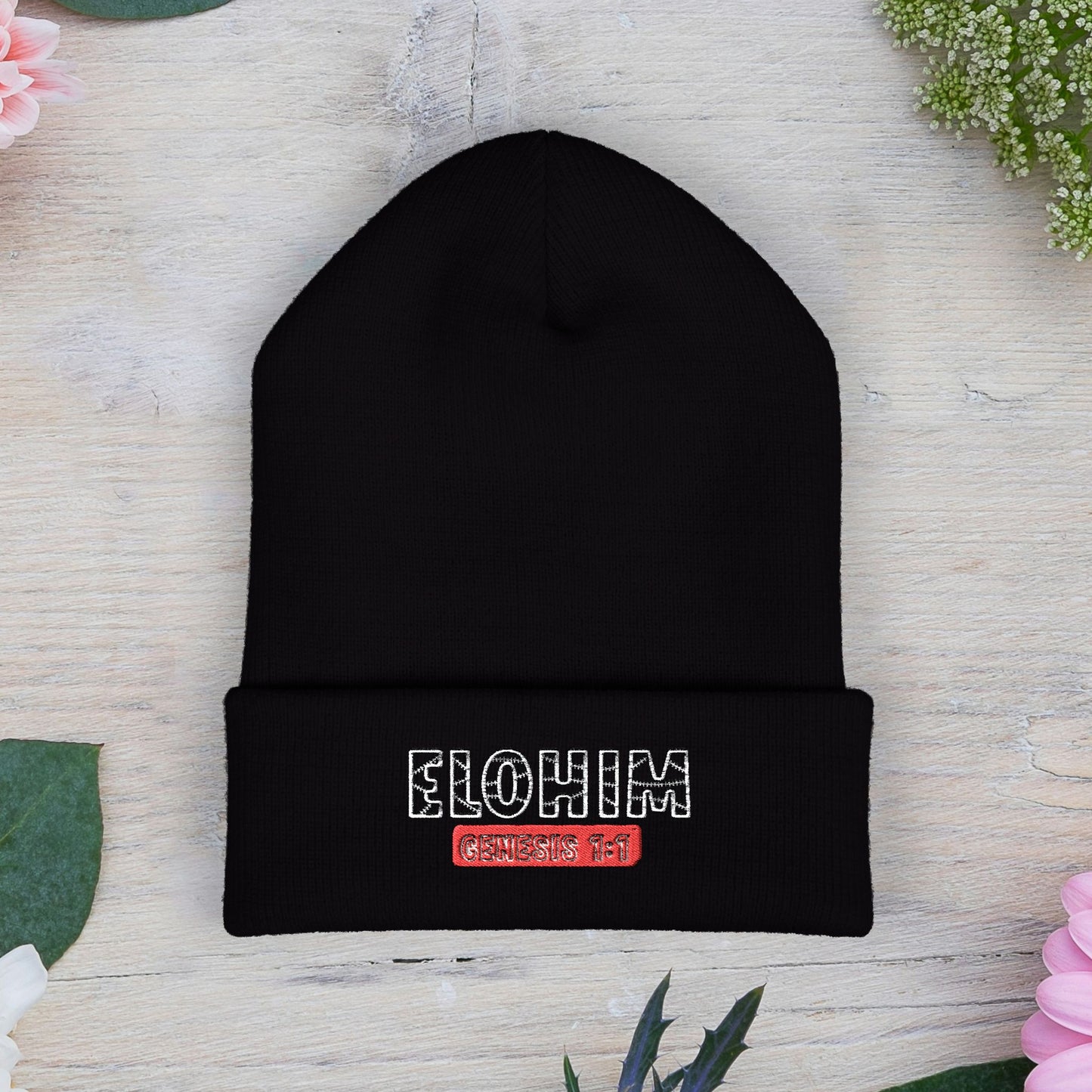 Embroidered 'ELOHIM, GENESIS 1:1' Classic Cuffed Beanie - Cozy Winter Hat, Streetwear Accessory, Personalized Gifts, Religious Apparel, Unisex Beanie