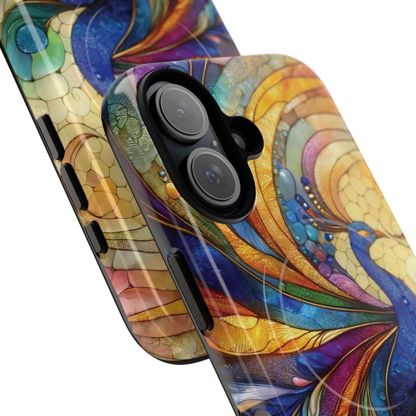 Mosaic Peacock Feathers Magnetic Phone Case, Tough Phone Shell, Vibrant Art Case, Gift for Her, Unique Phone Accessory, Wildlife Lover's Gift, Stained Glass Case.