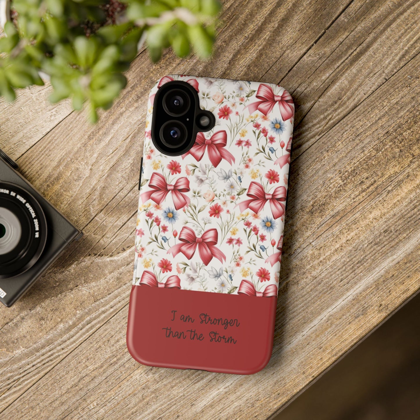 Personalized Rosette Coquette Phone Case - Custom Name/Message 'I Am Stronger Than The Storm' Floral Bow Protective Case