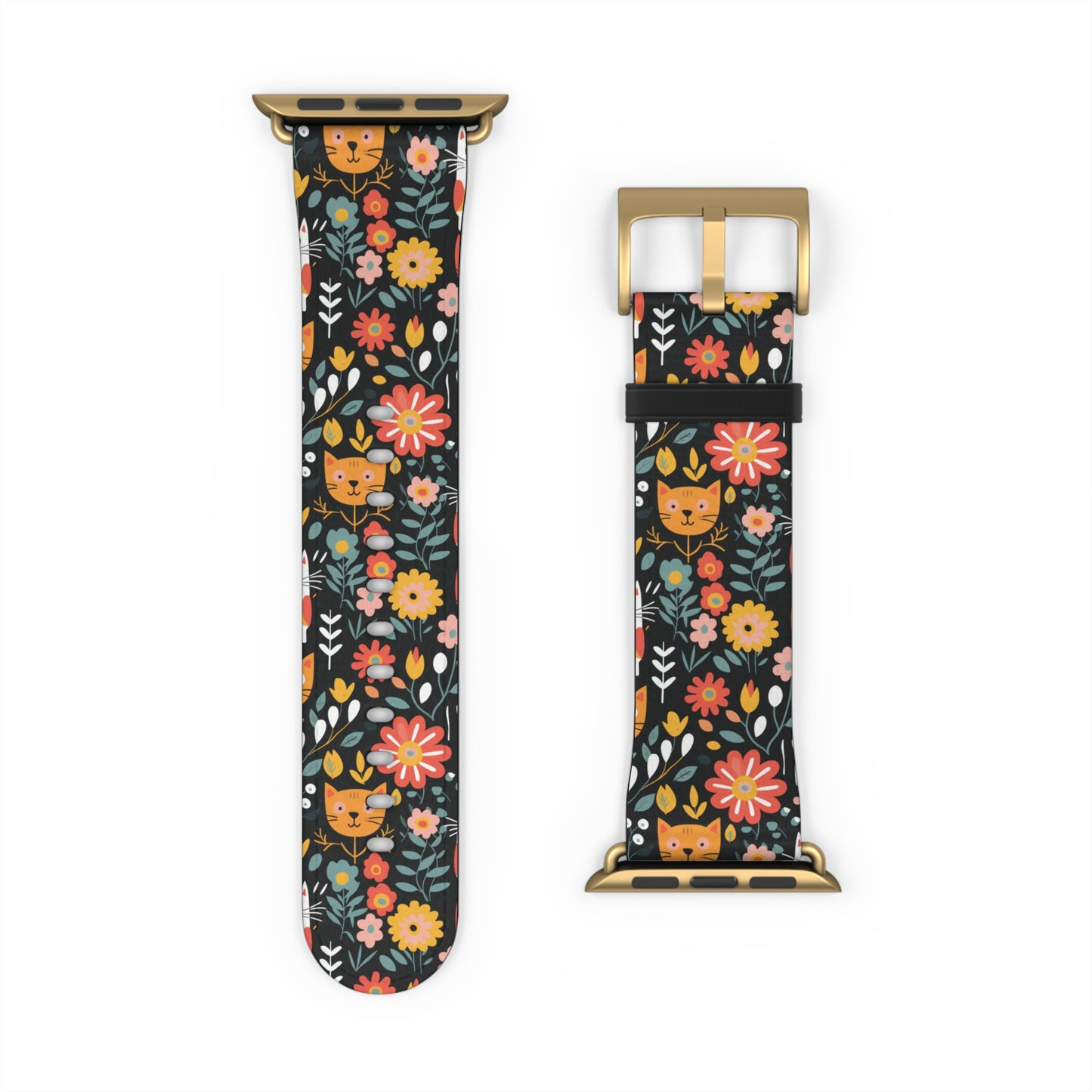 Whimsical Feline Garden Print Watch Band for Apple Watch - Cute Animal Design.