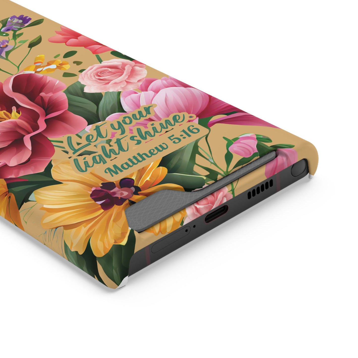 Floral Bible Verse Phone Case with Card Holder — "Let Your Light Shine" (Matthew 5:16)