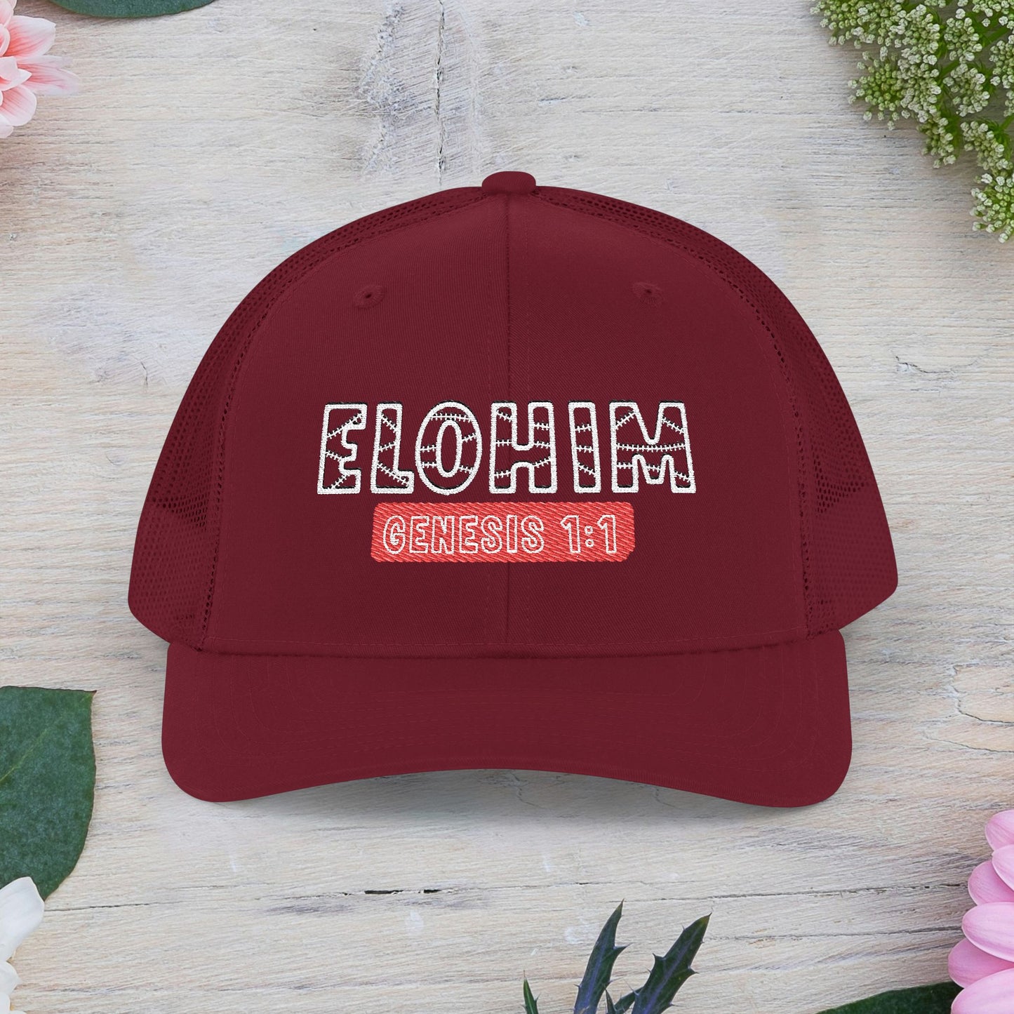 Embroidered  'ELOHIM GENESIS 1:1' Snapback Cap, Faith-Based Trucker Hat, Christian Gifts, Stylish Headwear, Religious Apparel, Perfect for Summer