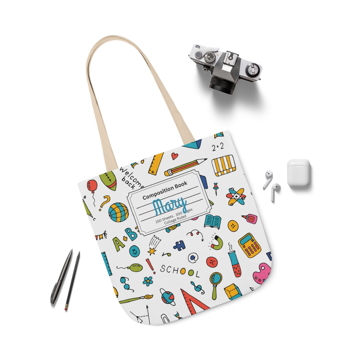 Personalized Classroom Couture Composition Book Inspired Canvas Tote Bag with Colorful Straps, Cute School Bag, Eco-Friendly Tote, Back to School Shopping Bag, Teacher Gift Idea