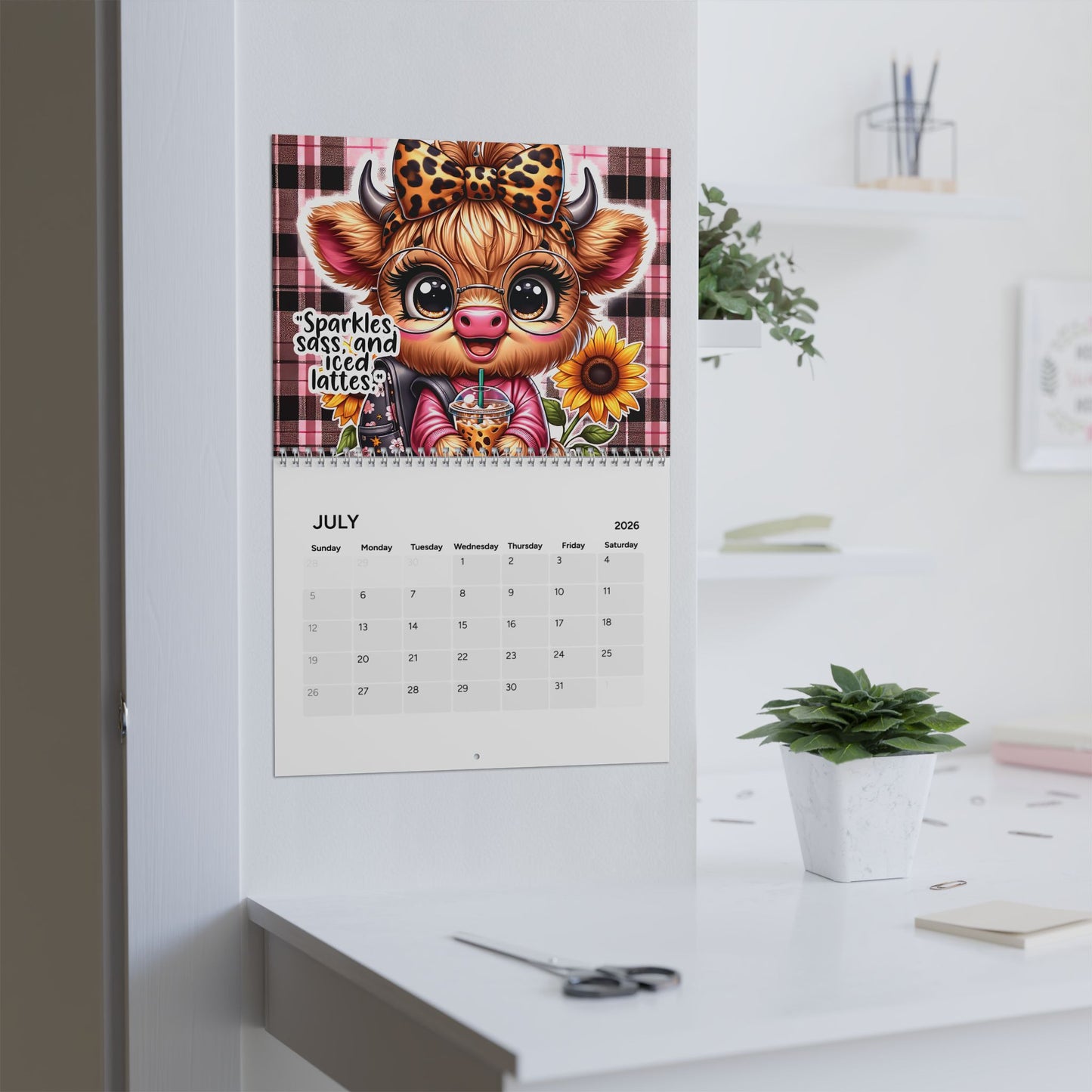 2026 Cute Sassy Highland Cow Wall Calendar – "New Year, Same Caffeinated Queen"