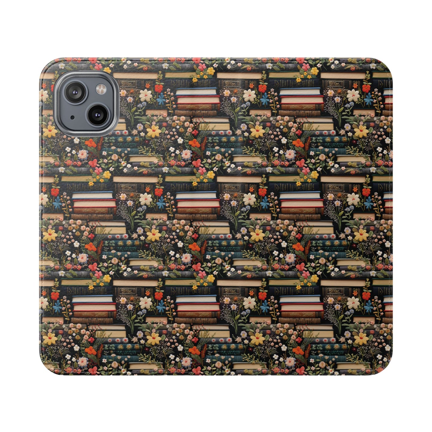 Book Stack Floral Flip iPhone and Samsung Phone Case — Vintage Library Wallet Cover.
