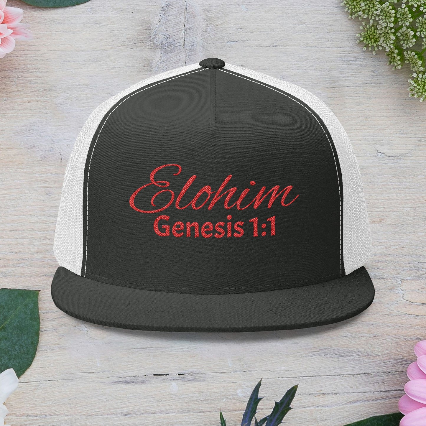 Red 'ELOHIM, GENESIS 1:1'  Embroidered 5 Panel Trucker Cap | Casual Style Hat, Adjustable, Unisex, Perfect Gift for Outdoors, Festivals, Daily Wear
