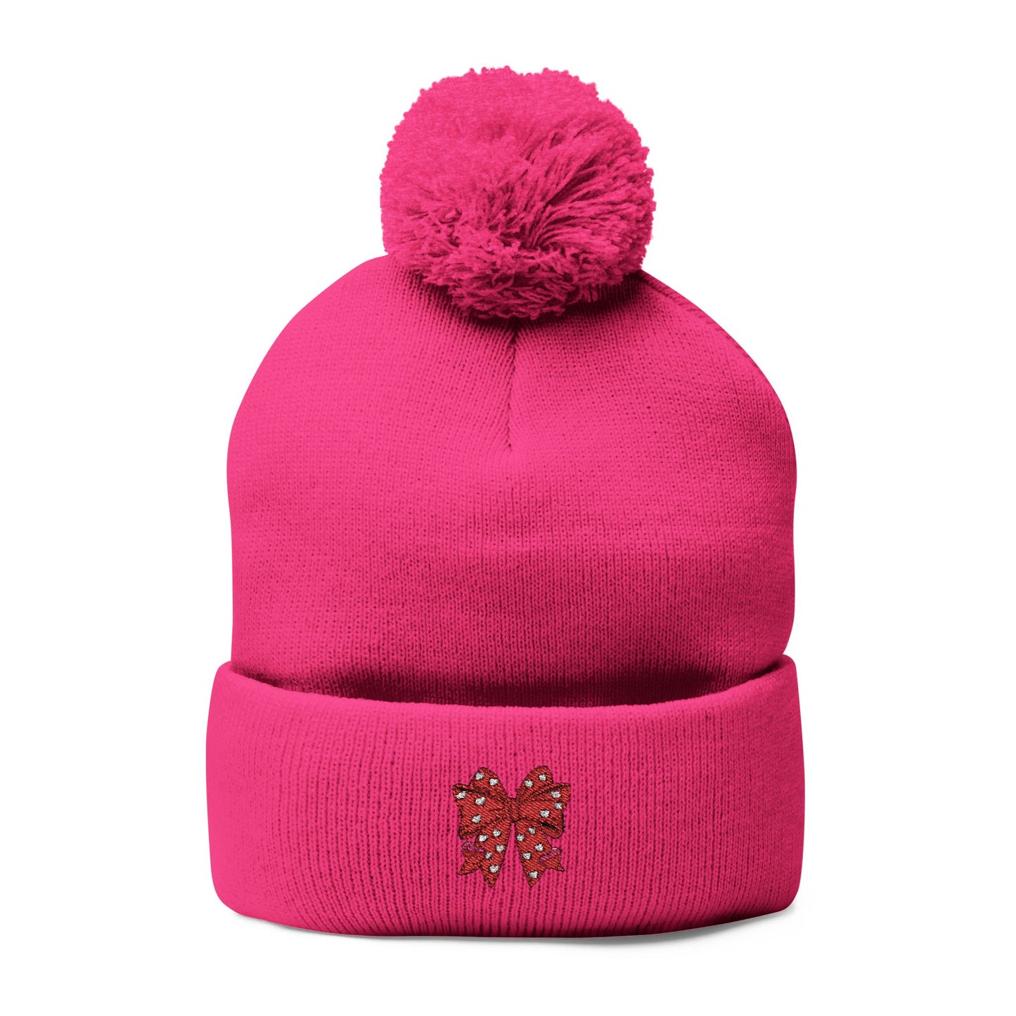 Cozy Pom-Pom Coquette Knit Cap with Embroidered Red Bow