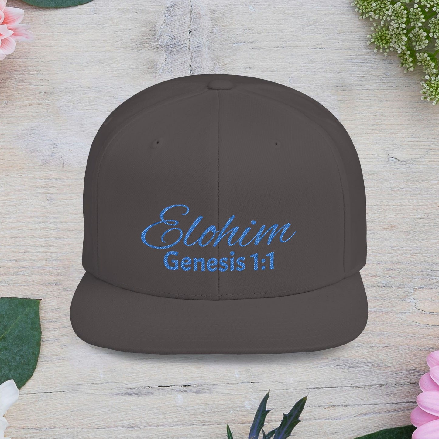 Blue Embroidery 'ELOHIM, GENESIS 1:1' Flat Bill Snapback Hat, Stylish Cap for Everyday Wear, Church Events, Gift for Him/Her, Streetwear Accessory, Casual Fashion