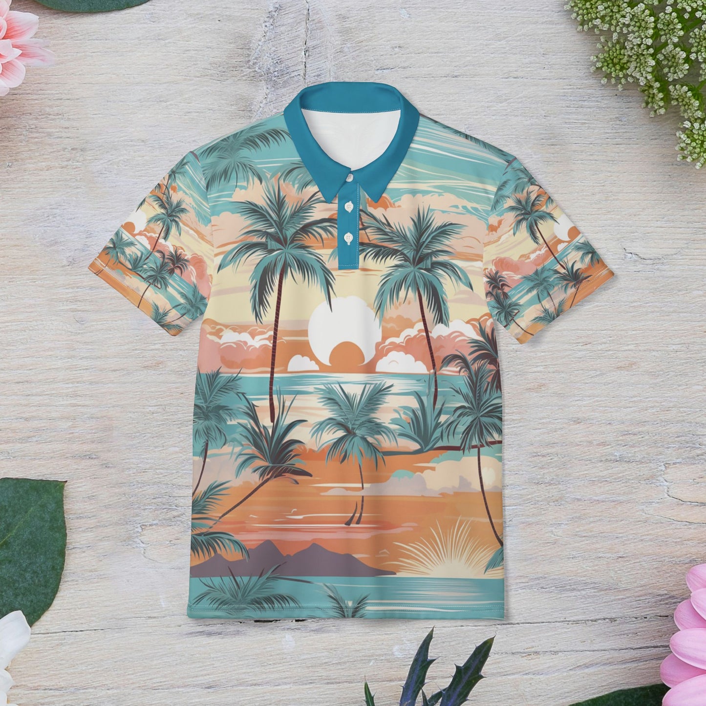 Sunset Paradise Polo Shirt, Vacation Wear, Beach Shirt, Summer Style, Gift for Him, Casual Fashion, Everyday Comfort