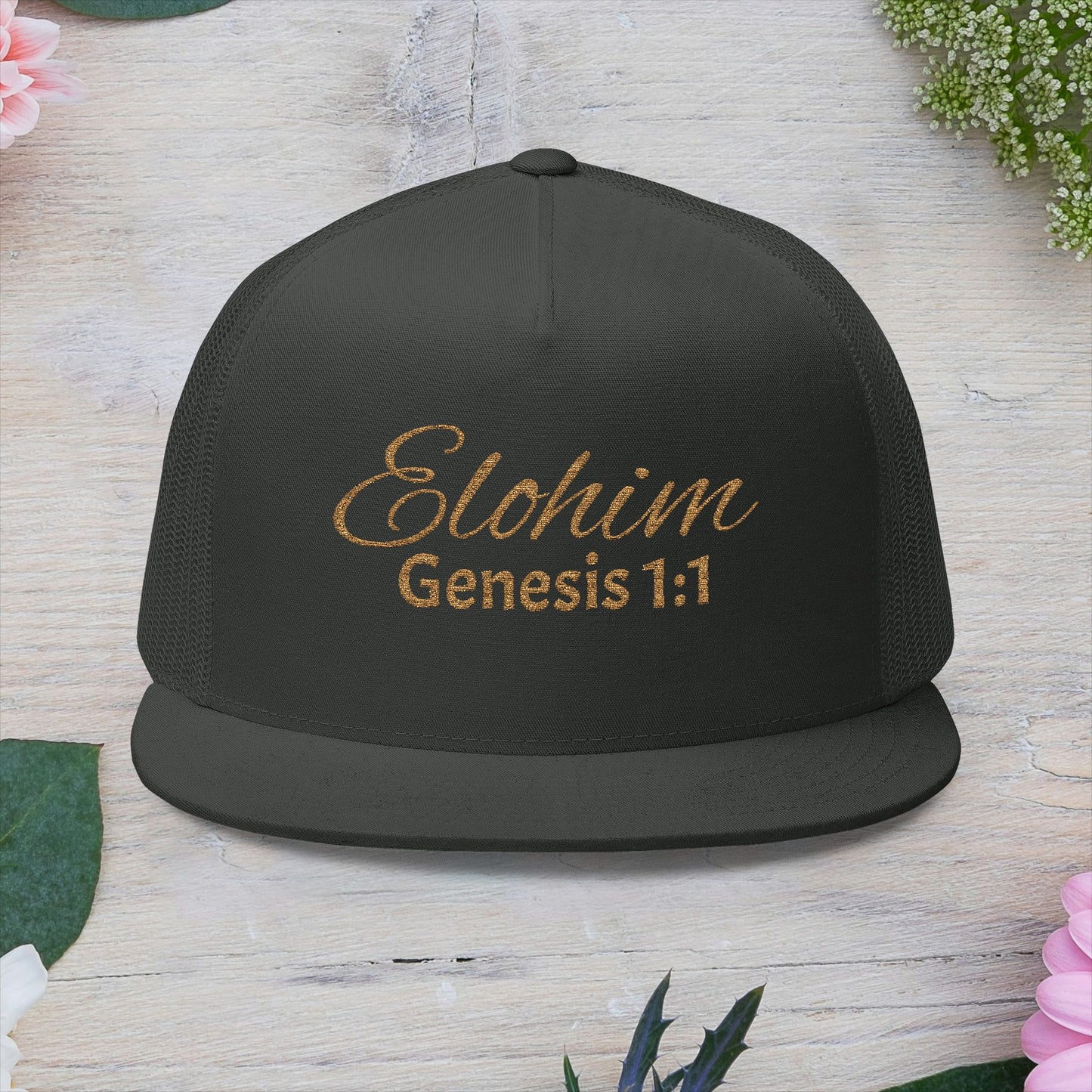'ELOHIM, GENESIS 1:1'  Embroidered 5 Panel Trucker Cap | Casual Style Hat, Adjustable, Unisex, Perfect Gift for Outdoors, Festivals, Daily Wear