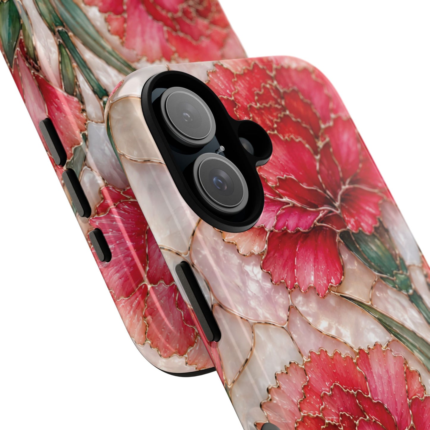 Stained Glass Effect Carnation Floral Tough Phone Case – Pink Vintage Botanical Protective Cover
