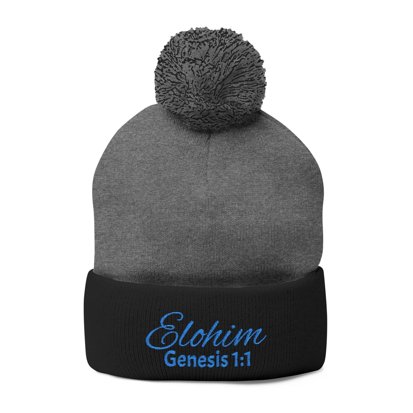 Pom-Pom Knit Cap with 'ELOHIM, GENESIS 1:1'  Embroidery Beanie - Stylish Winter Accessory for All Ages, Perfect Gift for Birthdays, Holidays, and Outdoor Activities