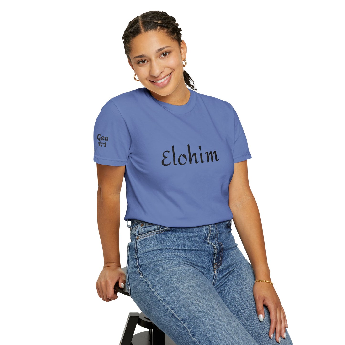 Embroidery 'ELOHIM, GENESIS 1:1' - Faith-Based Unisex Garment-Dyed Comfort Colors T-shirt, Faith Gift Tee, Religious Tee, Embroidery Tee.