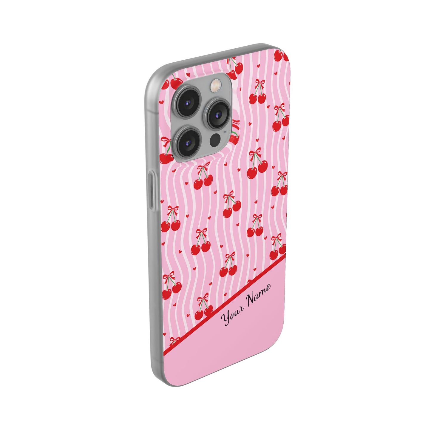 Personalized Cherry Blossom Dreams Flexi Case — Pink Retro Cherry iPhone® 7/8, 11, 12, 13, 14, 15, 16, 17, X/XS, SE, XR, Mini, Pro, Pro Max, Plus Cases.