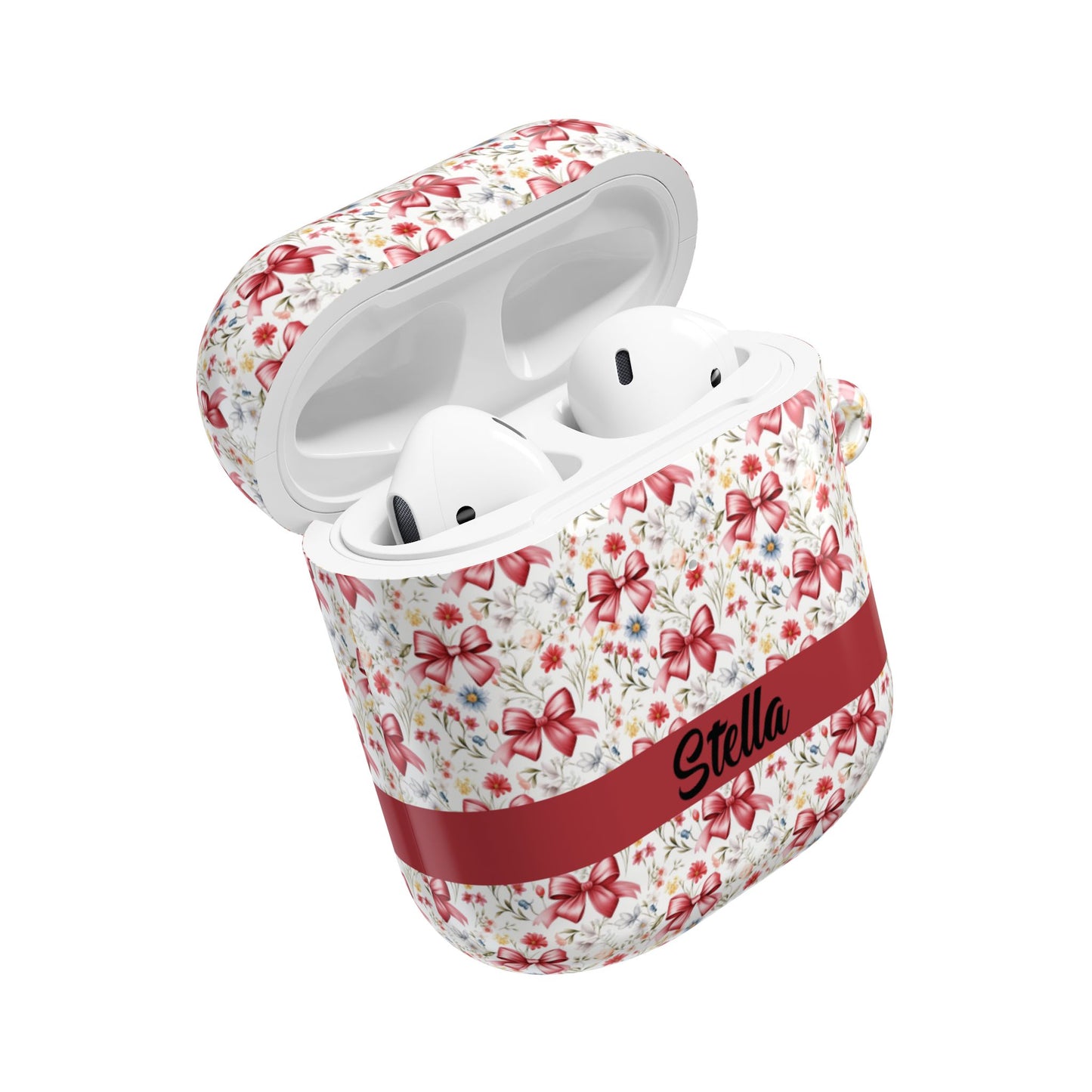 Personalized Rosette Coquette Floral AirPods Pro Gen 1, 2 and Airpods Gen 1, 2, 3, 4 Case — Red Bow Pattern with Custom Name Text.