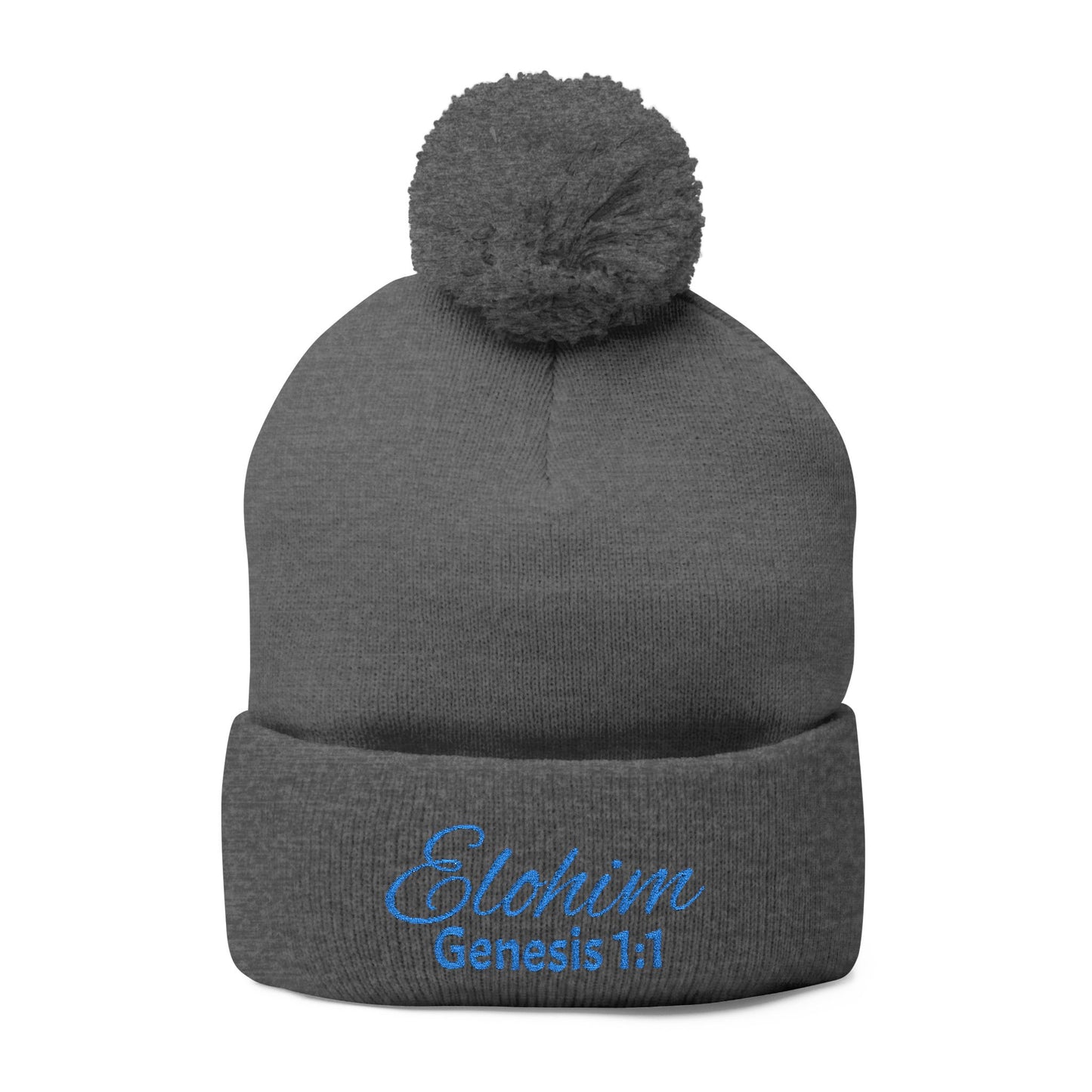 Pom-Pom Knit Cap with 'ELOHIM, GENESIS 1:1'  Embroidery Beanie - Stylish Winter Accessory for All Ages, Perfect Gift for Birthdays, Holidays, and Outdoor Activities