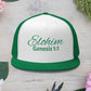 Green 'ELOHIM, GENESIS 1:1'  Embroidered 5 Panel Trucker Cap | Casual Style Hat, Adjustable, Unisex, Perfect Gift for Outdoors, Festivals, Daily Wear
