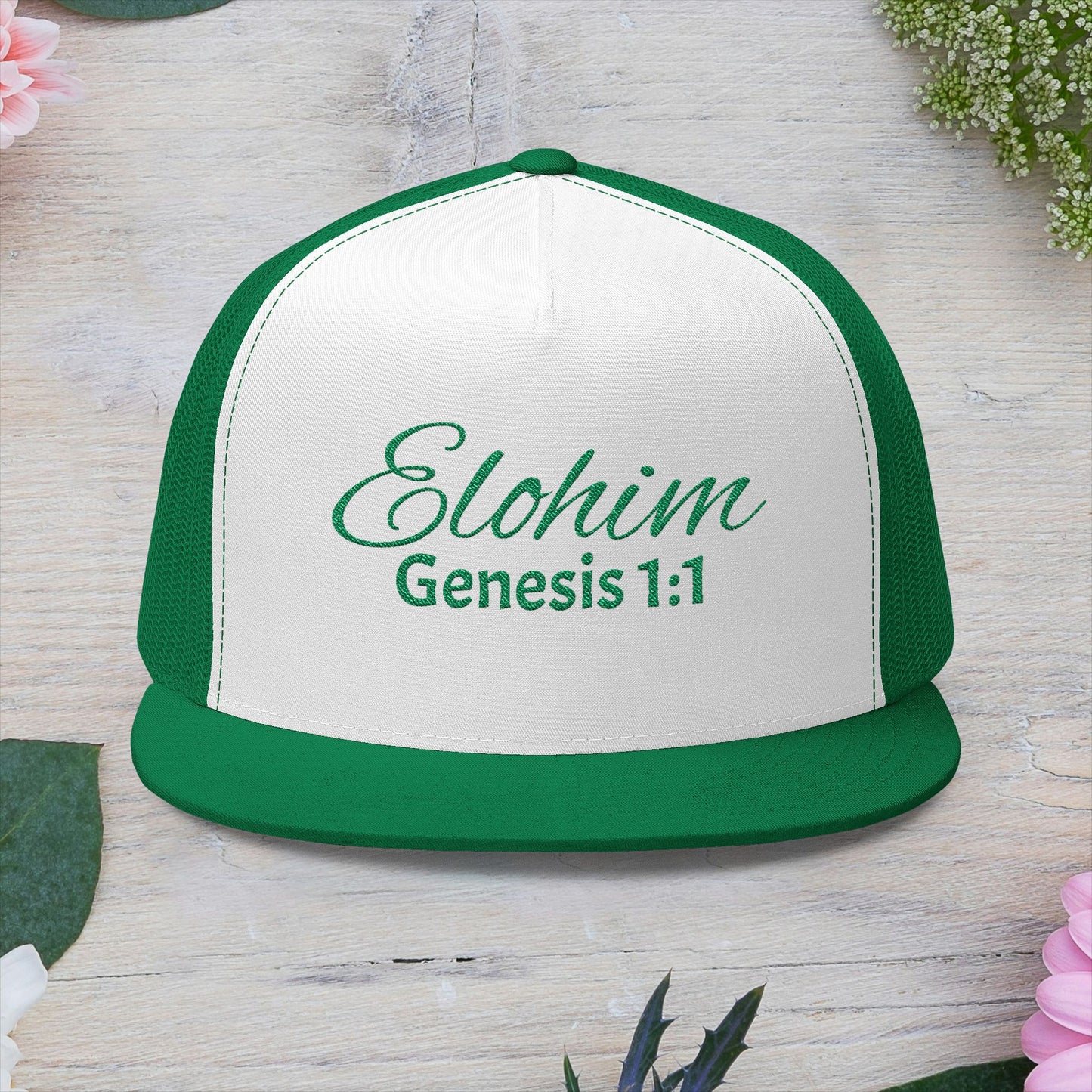 Green 'ELOHIM, GENESIS 1:1'  Embroidered 5 Panel Trucker Cap | Casual Style Hat, Adjustable, Unisex, Perfect Gift for Outdoors, Festivals, Daily Wear
