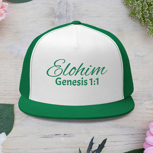 Green 'ELOHIM, GENESIS 1:1'  Embroidered 5 Panel Trucker Cap | Casual Style Hat, Adjustable, Unisex, Perfect Gift for Outdoors, Festivals, Daily Wear
