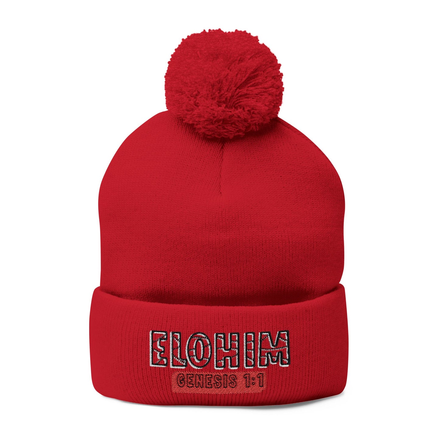 Cozy Pom-Pom Knit Cap with 'ELOHIM, GENESIS 1:1'  Embroidery Beanie - Stylish Winter Accessory for All Ages, Perfect Gift for Birthdays, Holidays, and Outdoor Activities