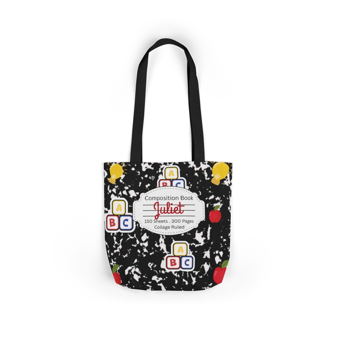 Personalized Black Composition Book Inspired Canvas Tote Bag with Colorful Straps, Cute School Bag, Eco-Friendly Tote, Back to School Shopping Bag, Teacher Gift Idea