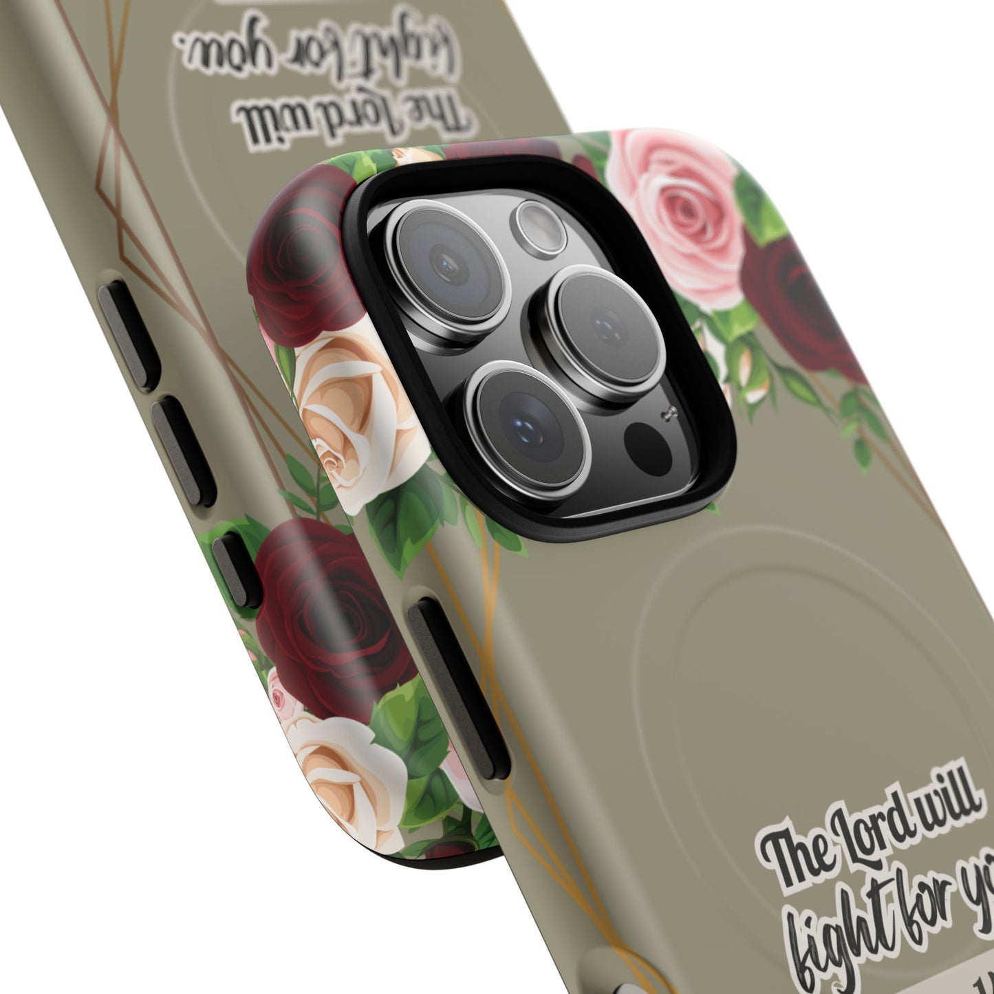 The Lord will Fight for You Exodus 14:14, Inspirational Gift, Tough iPhone Magnetic Case Scripture, Roses Bible Verse, MagSafe® iPhone® Tough Case, iPhone 14, iPhone 15, iPhone 16, Pro, Pro Max, Plus.