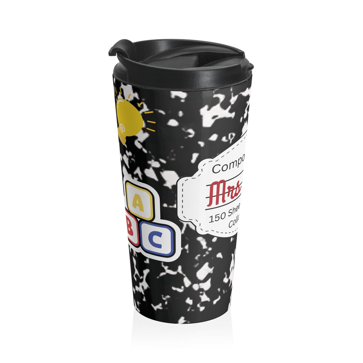 Customizable Black Composition Book Inspired Travel Mug, Personalized Gift for Teachers, Back to School Drinkware, Christmas Present, Stylish Coffee Cup