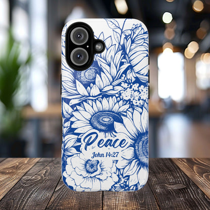 Peace I Leave with You John 14:27, Inspirational Gift, Tough iPhone Magnetic Case Scripture, Sunflower Bible Verse, MagSafe® iPhone® Tough Case, iPhone 14, iPhone 15, iPhone 16, Pro, Pro Max, Plus.