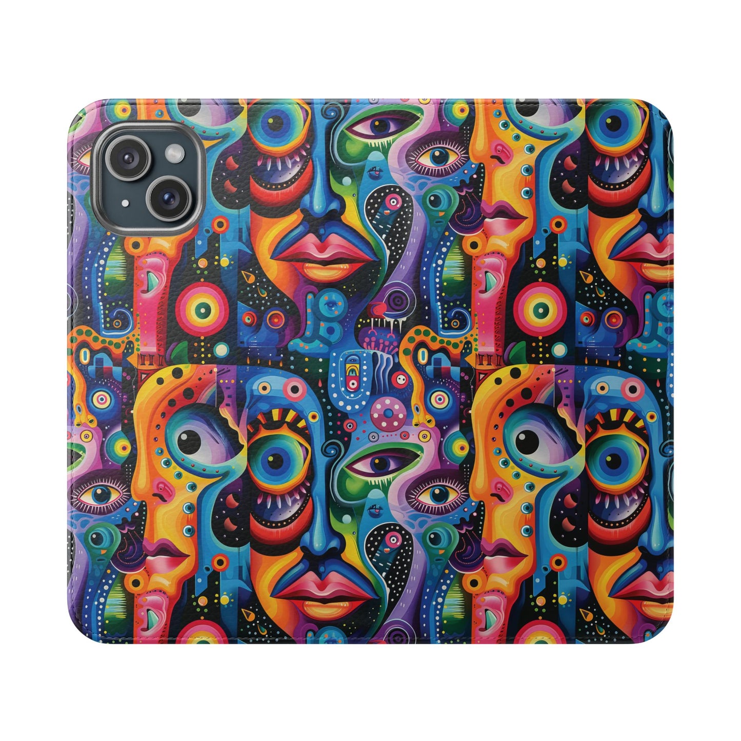Psychedelic Visions Vibrant Art Flip iPhone and Samsung Phone Case - Colorful Faces Design for Phone Protection
