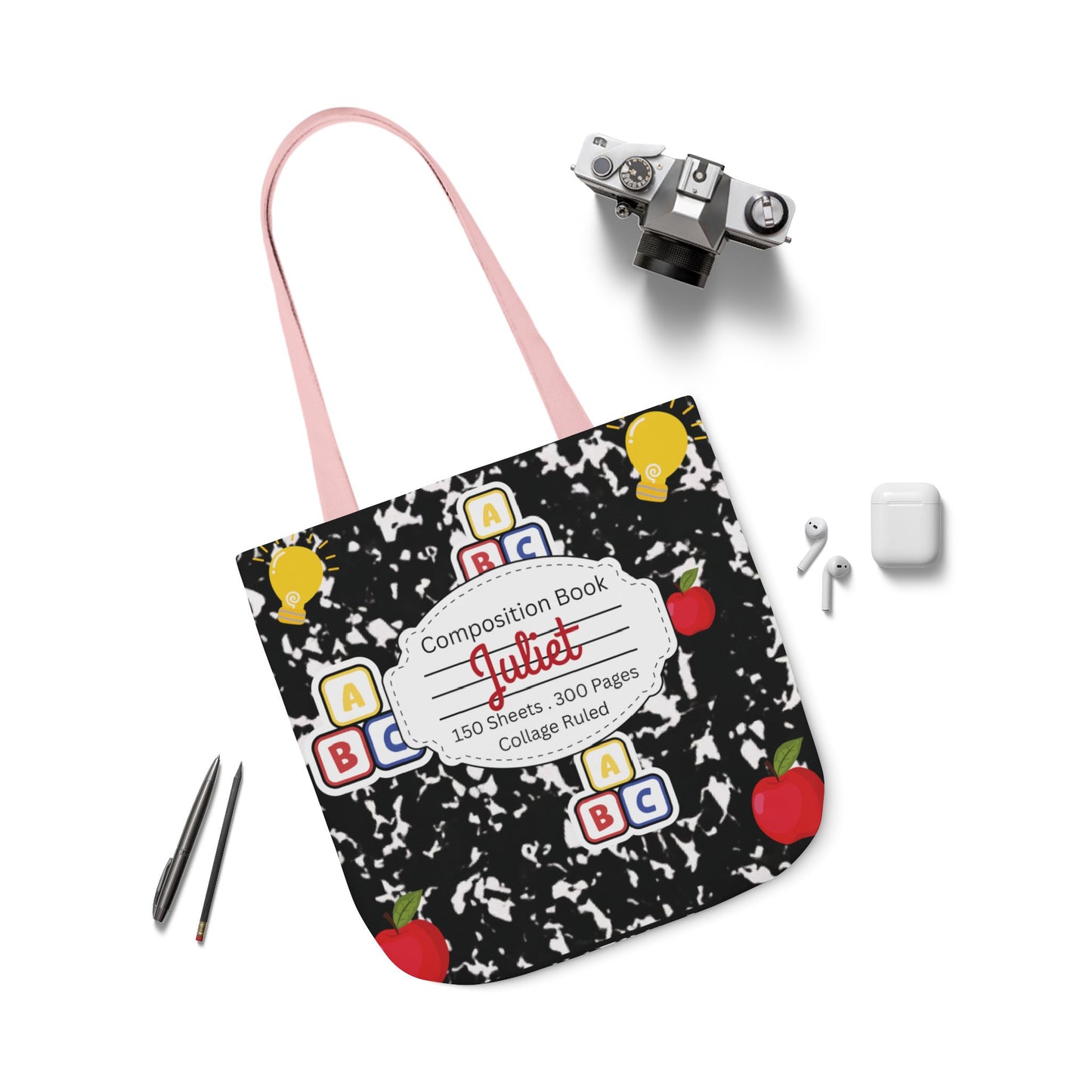 Personalized Black Composition Book Inspired Canvas Tote Bag with Colorful Straps, Cute School Bag, Eco-Friendly Tote, Back to School Shopping Bag, Teacher Gift Idea