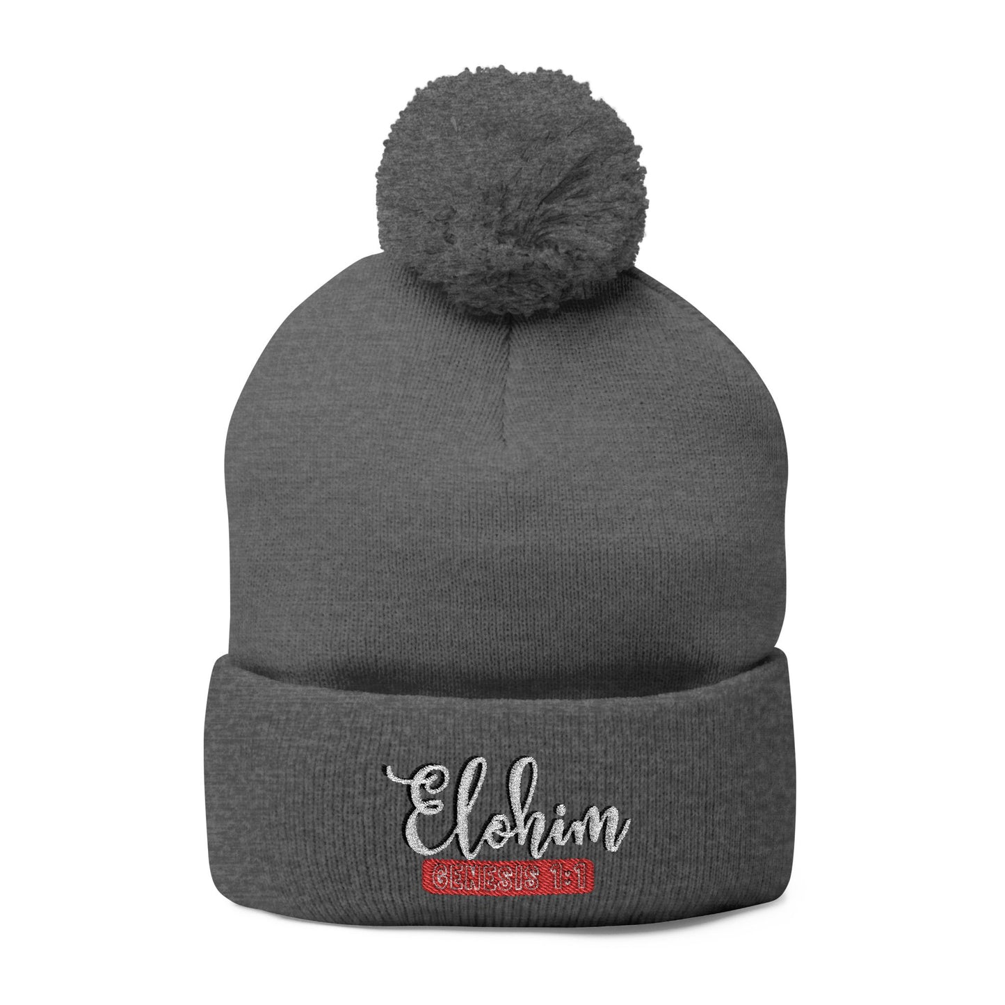 Pom-Pom Knit Cap with 'ELOHIM, GENESIS 1:1'  Embroidery Beanie - Stylish Winter Accessory for All Ages, Perfect Gift for Birthdays, Holidays, and Outdoor Activities