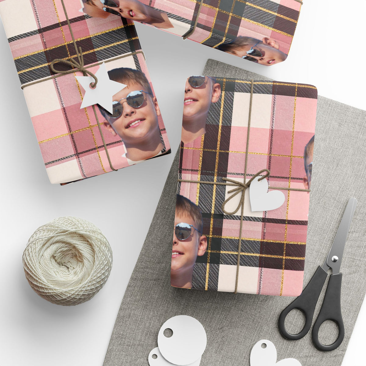 Personalized Image Plaid Wrapping Paper Roll — Pink Tartan Gift Wrap