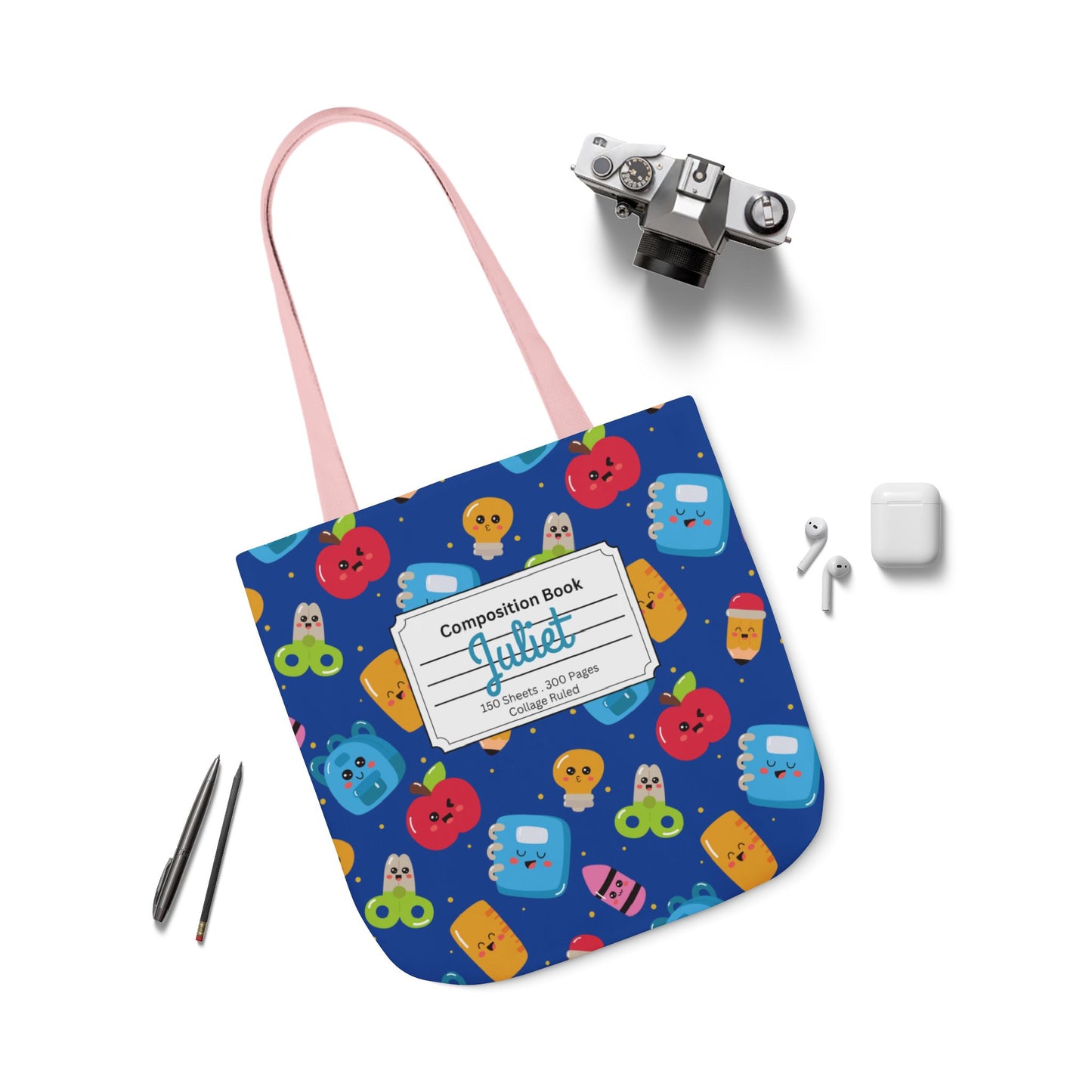 Personalized Blue Kawaii Composition Book Inspired Canvas Tote Bag with Colorful Straps, Cute School Bag, Eco-Friendly Tote, Back to School Shopping Bag, Teacher Gift Idea