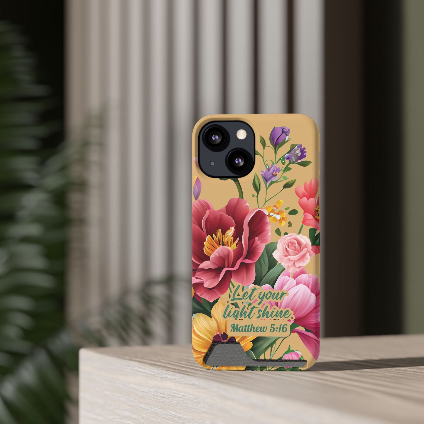 Floral Bible Verse Phone Case with Card Holder — "Let Your Light Shine" (Matthew 5:16)
