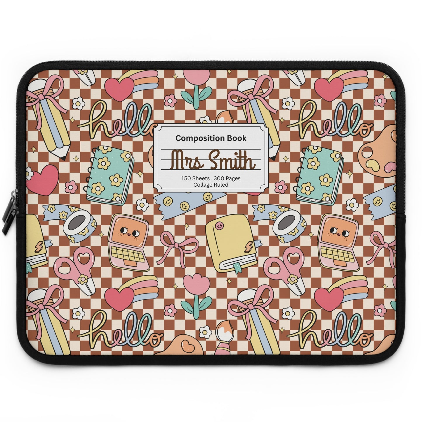 Personalized Brown Doodle Daydream Laptop Sleeve with Composition Book Inspired Design, Customizable Tech Case, School Supplies, Gift for Students, College Essentials, Back to School