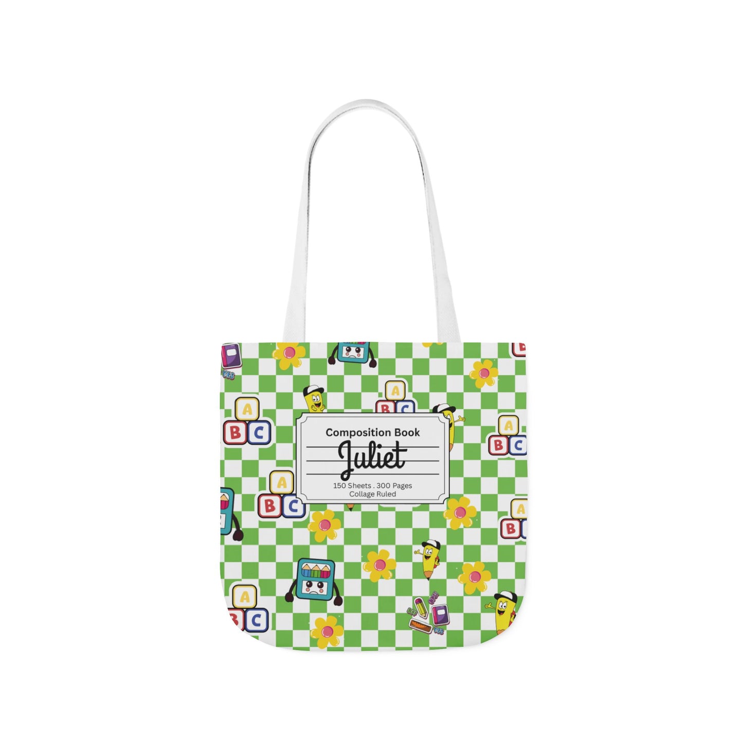 Personalized Green Schoolyard Chic Composition Book Inspired Canvas Tote Bag with Colorful Straps, Cute School Bag, Eco-Friendly Tote, Back to School Shopping Bag, Teacher Gift Idea