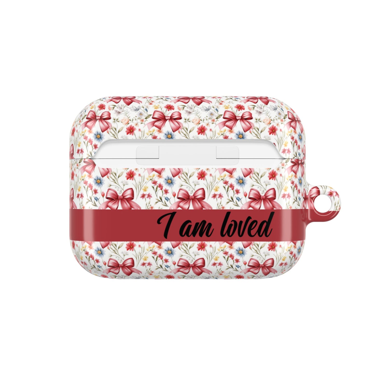 Personalized Rosette Coquette Floral AirPods Pro Gen 1, 2 and Airpods Gen 1, 2, 3, 4 Case — Red Bow Pattern with Custom Name Text.