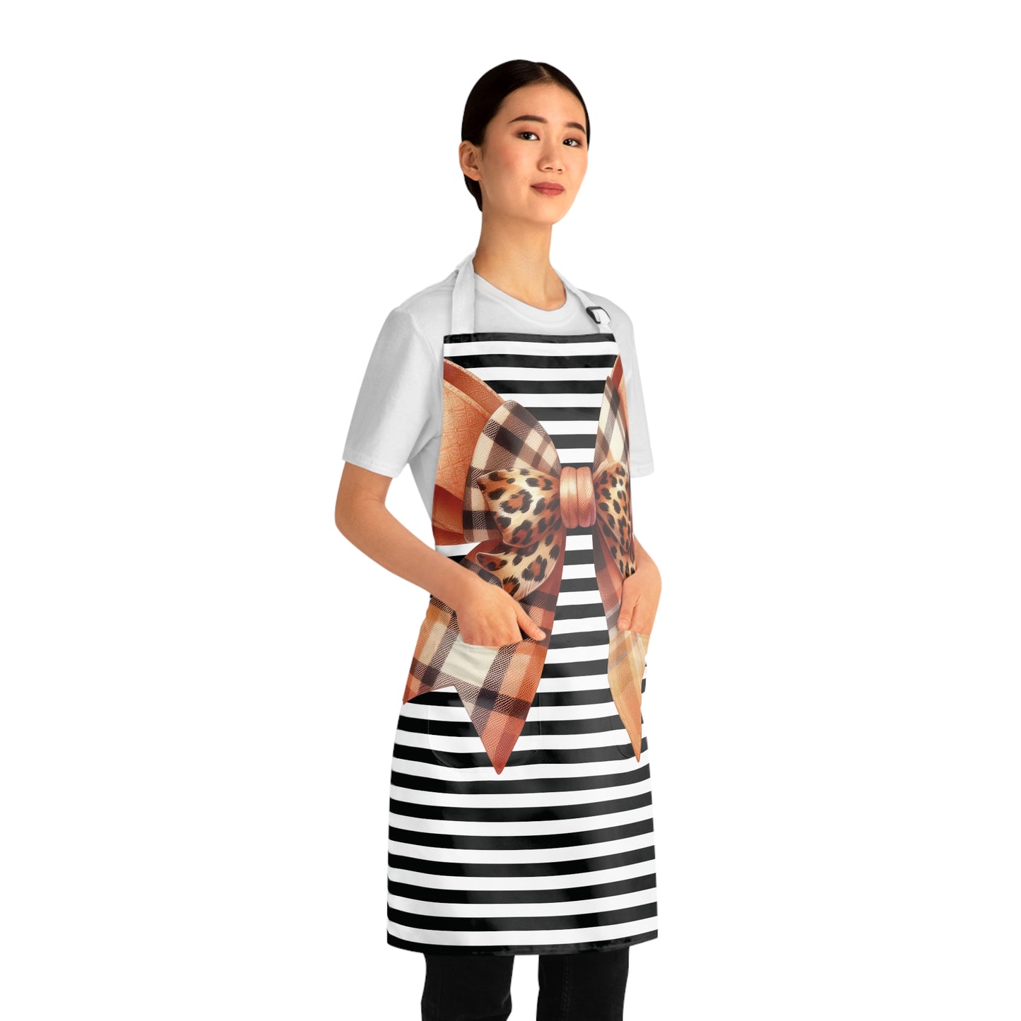 Striped Brown Bow Grilling Apron with Tie Straps (AOP).