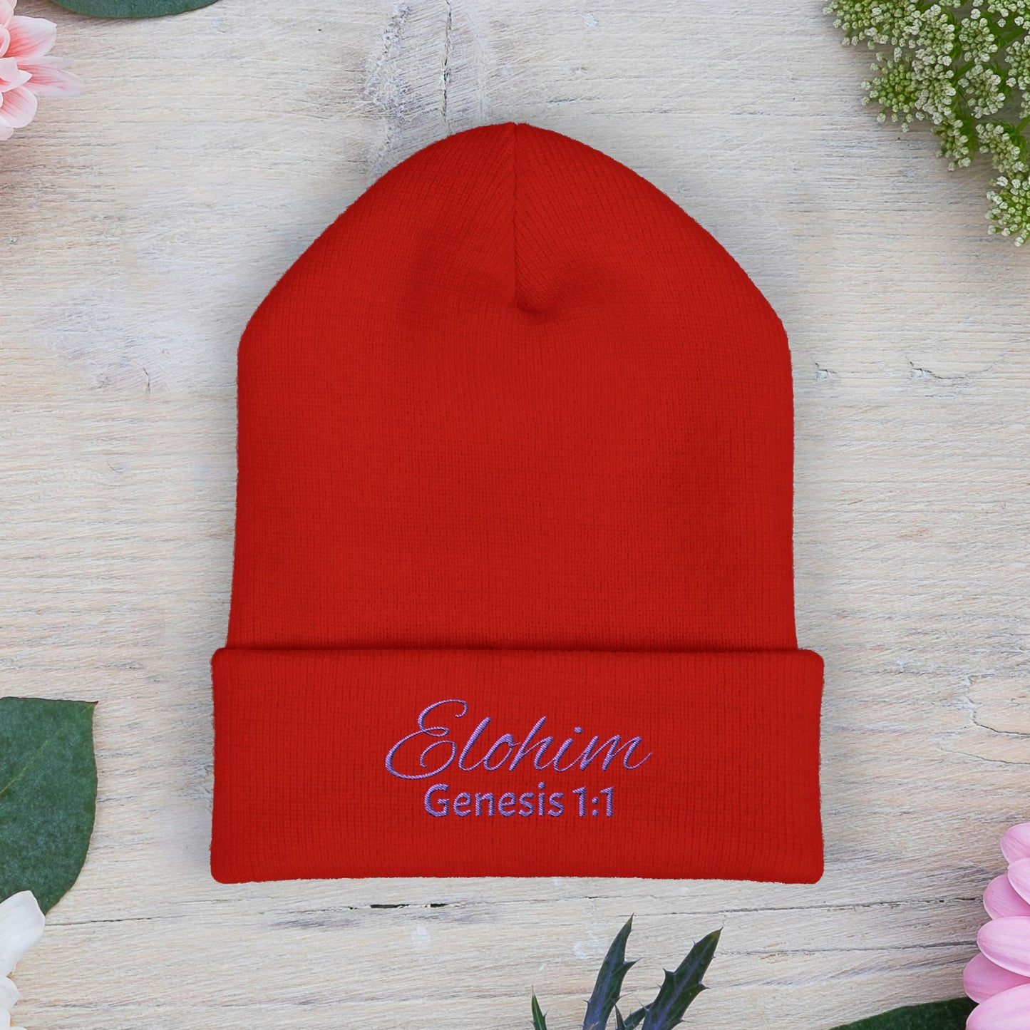 Purple Embroidered 'ELOHIM, GENESIS 1:1' Classic Cuffed Beanie - Cozy Winter Hat, Streetwear Accessory, Personalized Gifts, Religious Apparel, Unisex Beanie