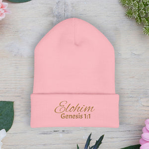 Brown Embroidered 'ELOHIM, GENESIS 1:1' Classic Cuffed Beanie - Cozy Winter Hat, Streetwear Accessory, Personalized Gifts, Religious Apparel, Unisex Beanie