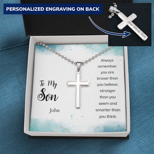 To My Son Personalized Cross Engraved Stainless Steel Cross Necklace- A Gift for Son.
