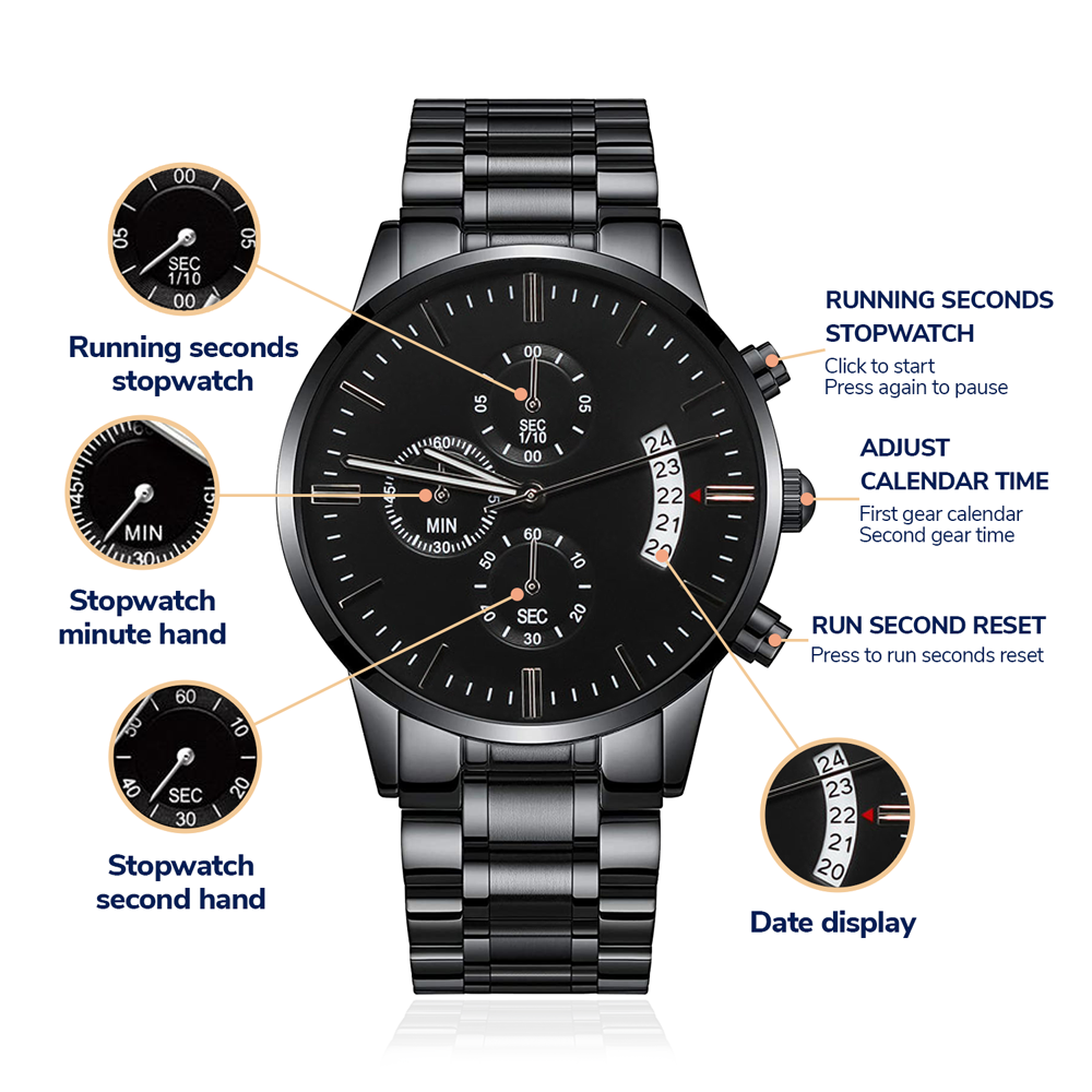 Engraved Message Black Chronograph Watch- A Gift for a Father/Son.