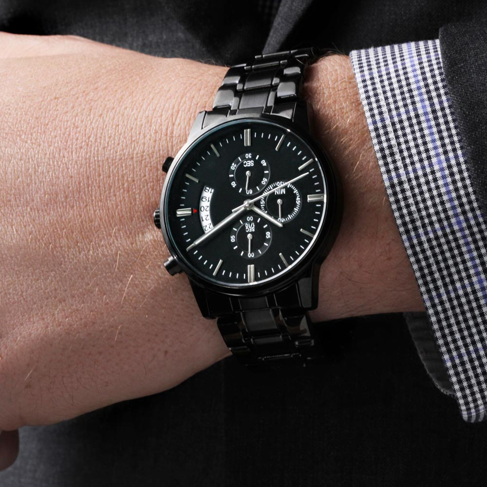 DAD MY HERO Engraved Message Black Chronograph Watch a Gift for Dad/Father.