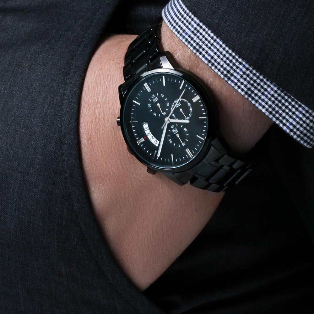 Engraved Message Black Chronograph Watch- A Gift for a Father/Son.