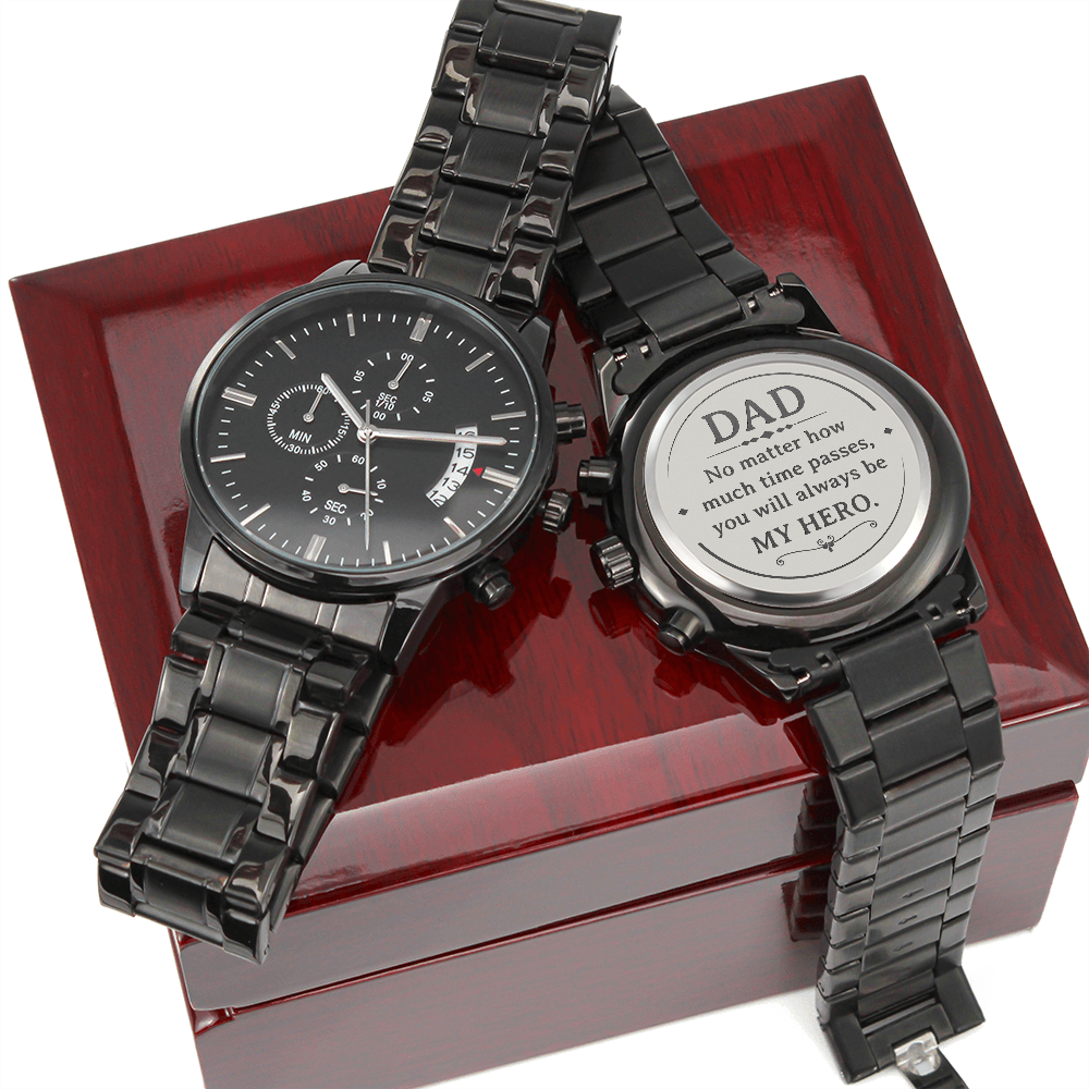 DAD MY HERO Engraved Message Black Chronograph Watch a Gift for Dad/Father.