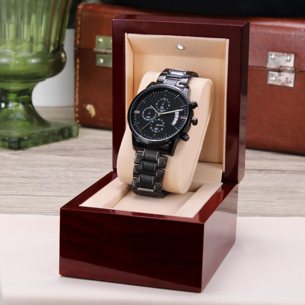 Engraved Message Black Chronograph Watch- A Gift for a Father/Son.
