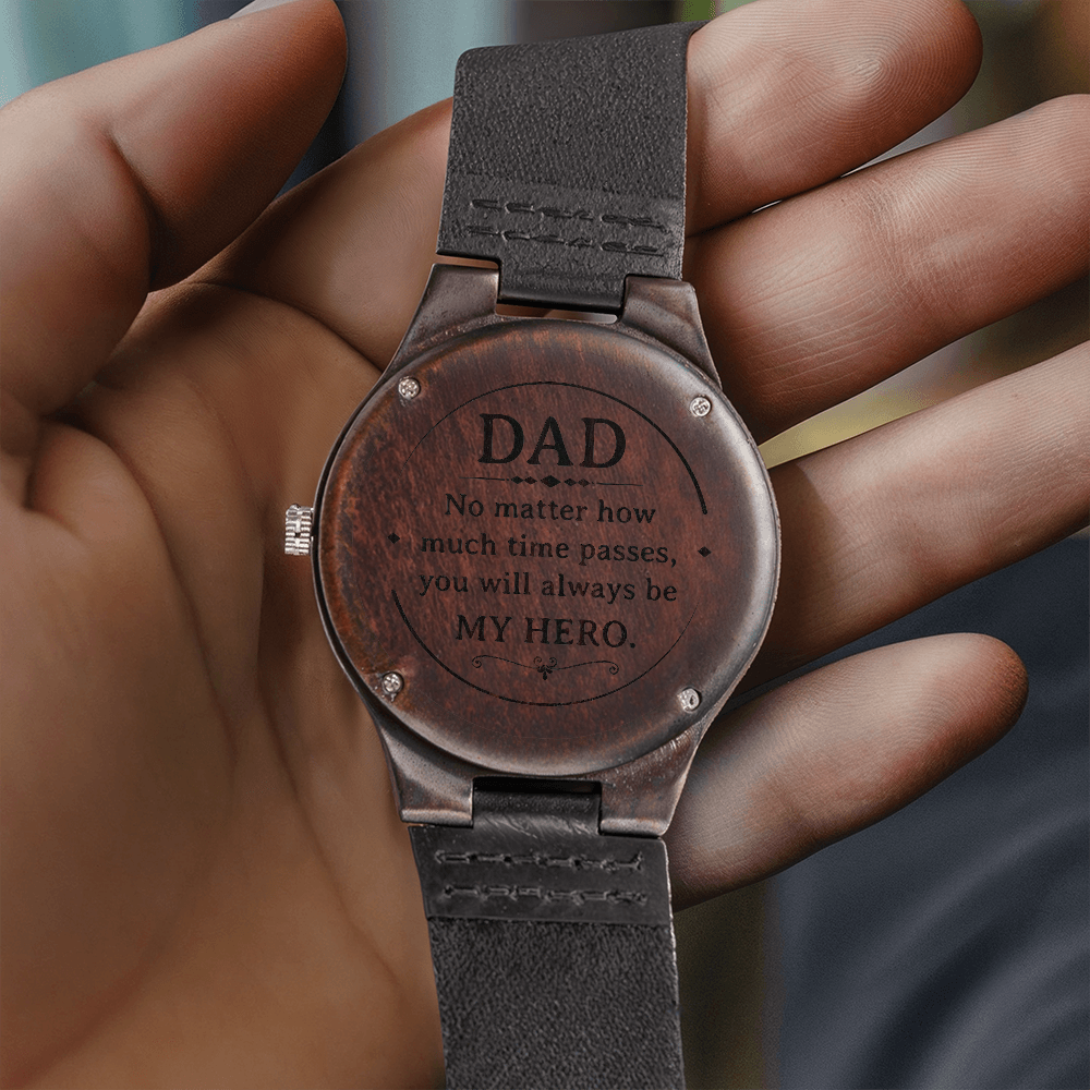 DAD MY HERO Engraved Message Wooden Watch a Gift for Dad/Father.