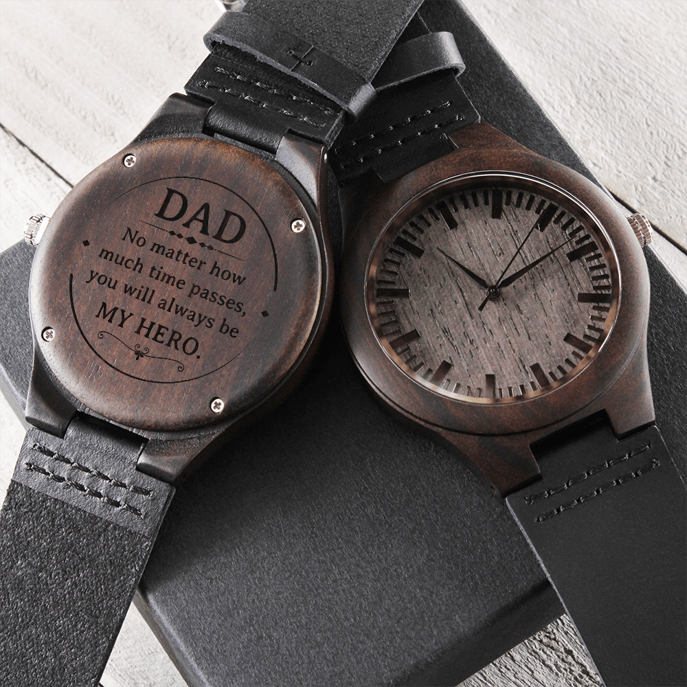 DAD MY HERO Engraved Message Wooden Watch a Gift for Dad/Father.