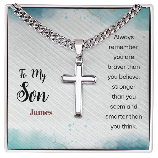 Personalized To My Son Cuban Link Chain with Engraved Artisan Cross- A Gift for Father/Son