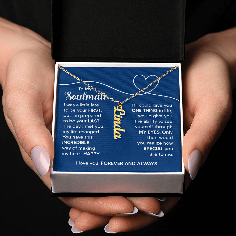 Personalized Vertical Soulmate Name Necklace- a Gift for a Soulmate.